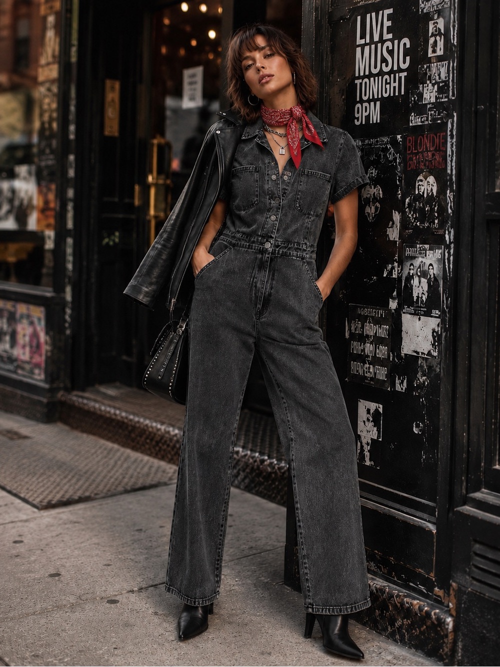 entro Washed Black Denim Wide-Leg Overalls